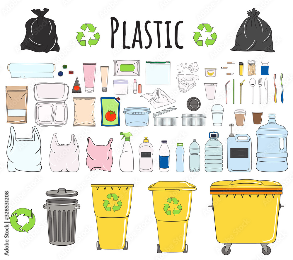 Set of plastic garbage with plastic can Set of plastic garbage with plastic can