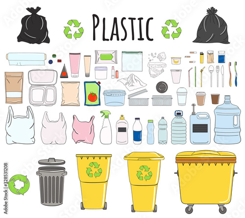 Set of plastic garbage with plastic can