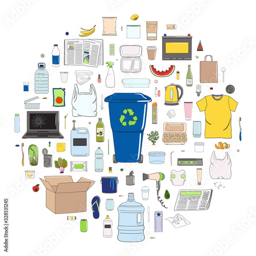Set of sorted garbage in circle. Waste management