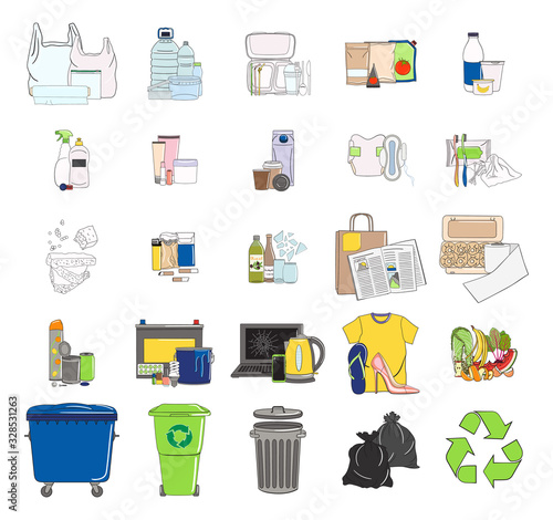 Set of sorted garbage icons. Recycle trash bins.