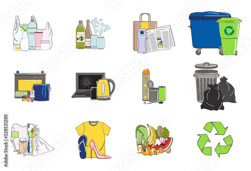 Set of sorted garbage icons. Recycle trash bins.