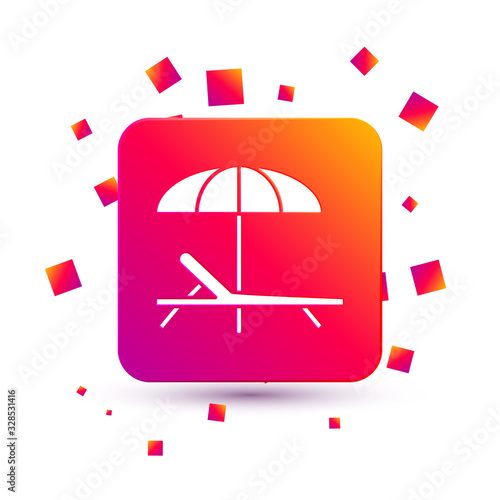 White Sunbed icon isolated on white background. Beach umbrella and Sun lounger. Square color button. Vector Illustration