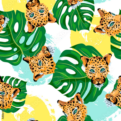 Seamless pattern with leopards  tropical monstera leaves and hand drawn style rounds. Vector illustration.