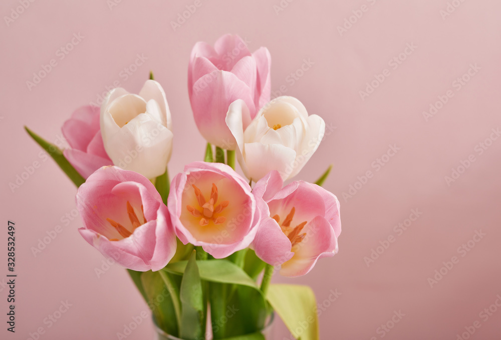 Fototapeta premium Spring card template. Happy Birthday or Valentine. Women's Day. Greeting card for mother's day. Congratulation with Easter. Flower card. Copy space. Wedding invitation. Flowers on pink background