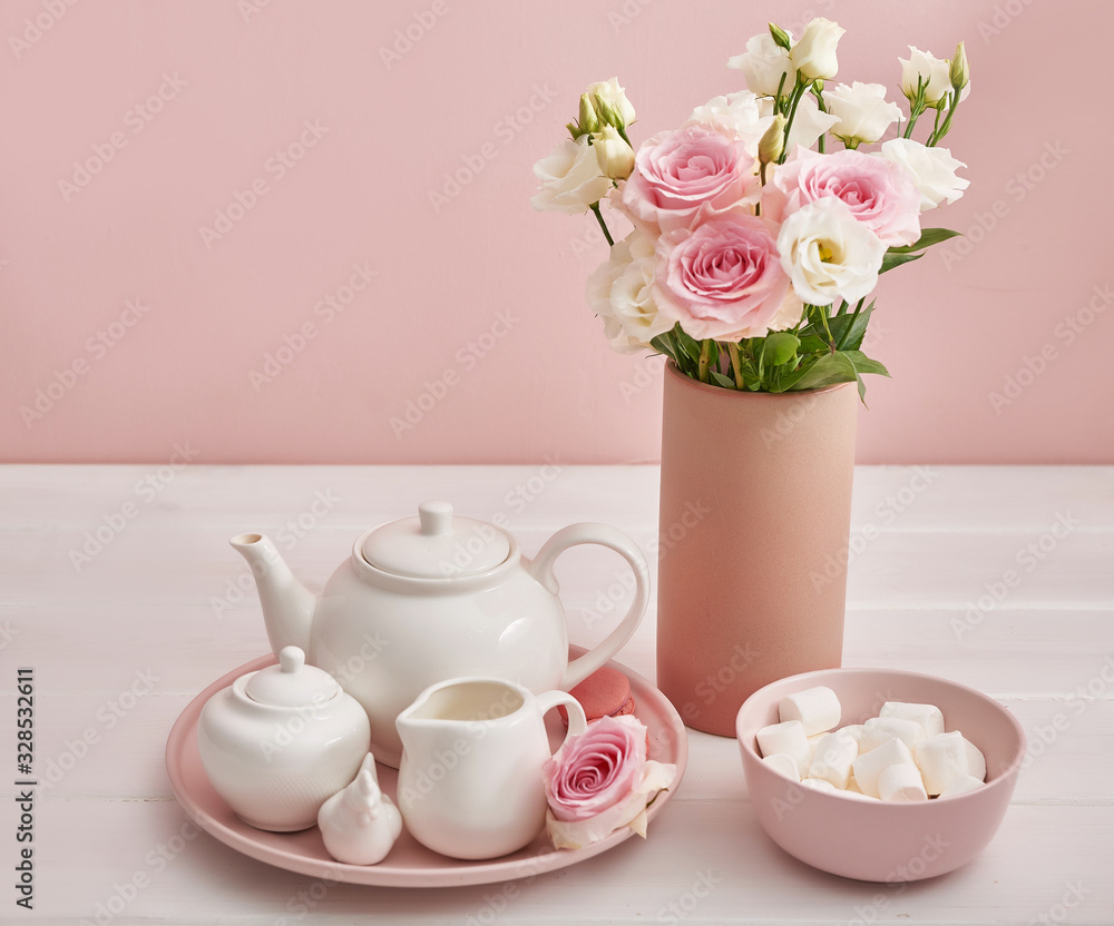 Spring card template. Happy Birthday or Valentine. Women's Day. Greeting card for mother's day. Congratulation with flowers. Flower card. Copy space. Wedding invitation.Tea set with flowers and sweet Spring card template. Happy Birthday or Valentine. Women's Day. Greeting card for mother's day. Congratulation with flowers. Flower card. Copy space. Wedding invitation.Tea set with flowers and sweet