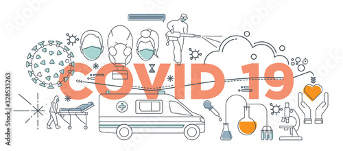 Hand drawn doodle epidemiology concept, Coronavirus disease COVID-19 infection vector medical illustration. Dangerous China pathogen respiratory influenza virus cells of Asian pandemic risk design.