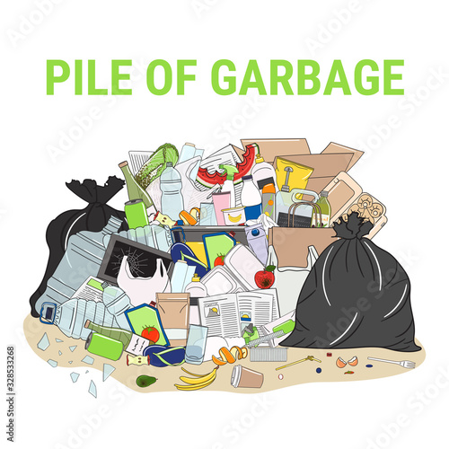 Pile of garbage and overflowing rubbish, food, metal, plastic, paper, glass, mixed trash