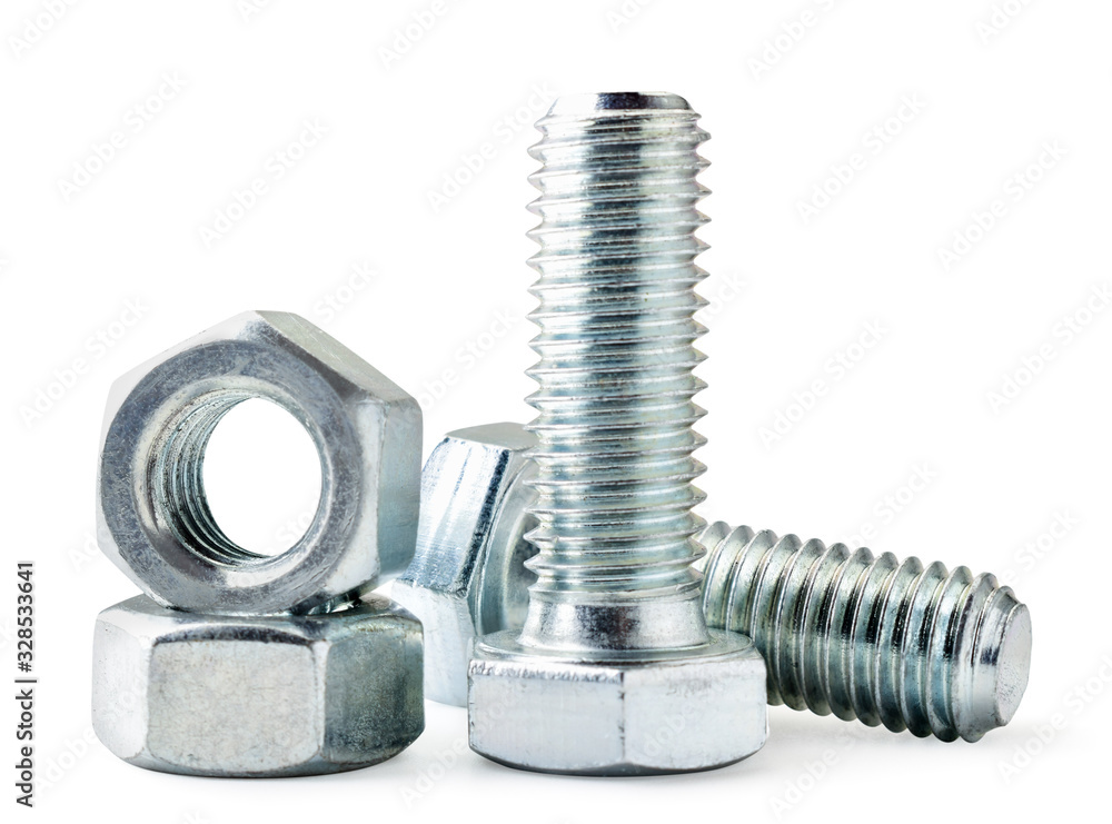 Set of mounting bolts and nuts close-up on a white background. Isolated
