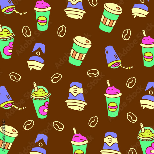 Doodle brown background with coffee cups, dessert cups with tubules and coffee beans.