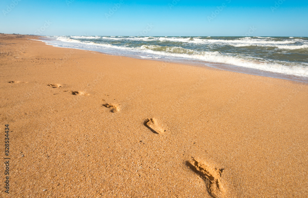 Footprints on wet sand leading to sea waves Footprints on wet sand leading to sea waves