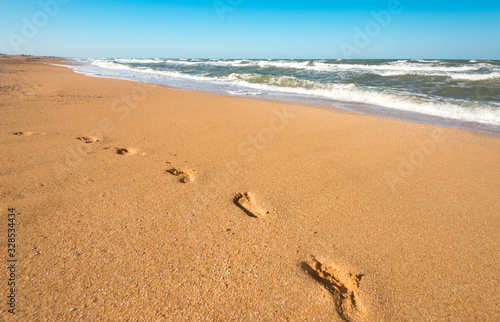 Footprints on wet sand leading to sea waves