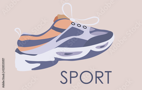 Fashion sport shoes with modern design and laces. Blue and orange colors
