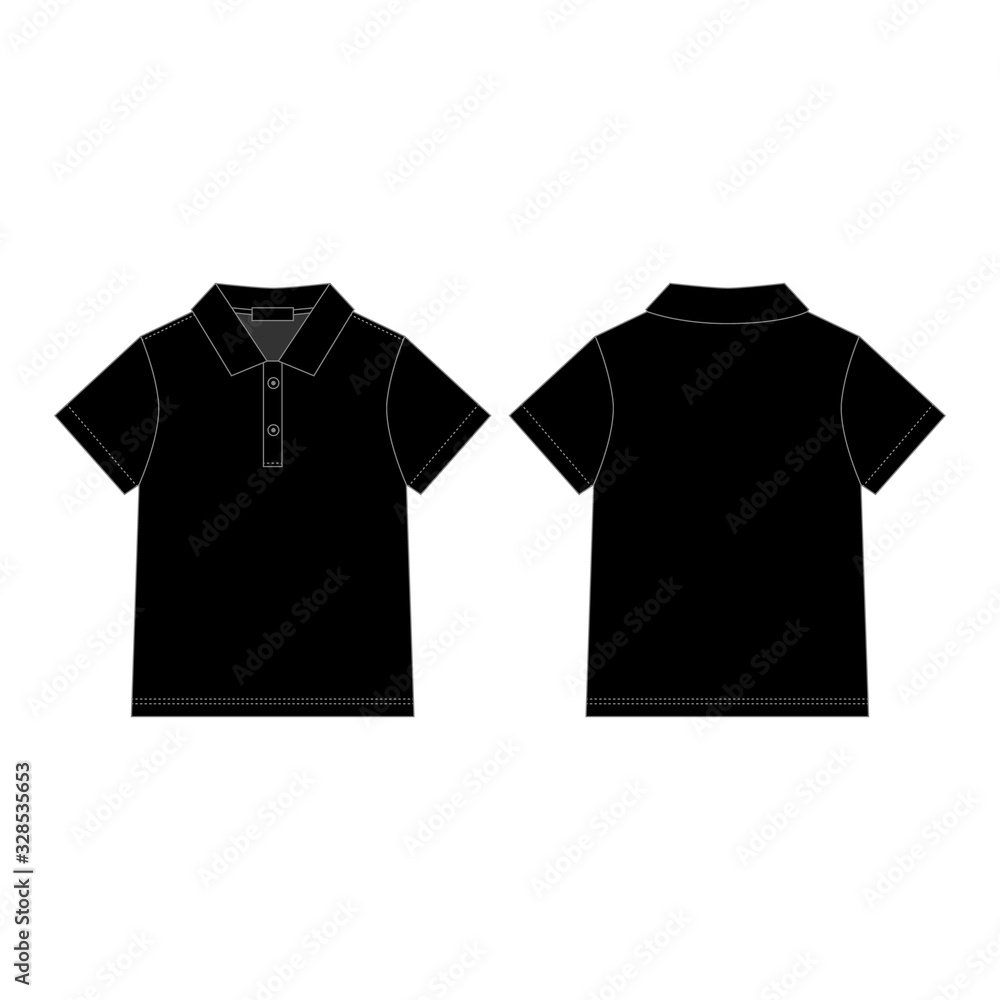 Black polo t-shirt for children's isolated on white background. Front and back technical sketch polo t shirt. Technical drawing kids clothes. Sportswear, uniform clothes. Vector fashion illustration. Black polo t-shirt for children's isolated on white background. Front and back technical sketch polo t shirt. Technical drawing kids clothes. Sportswear, uniform clothes. Vector fashion illustration.