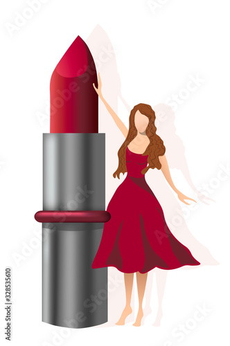 Young woman in red dress holding a gigantic lipstick