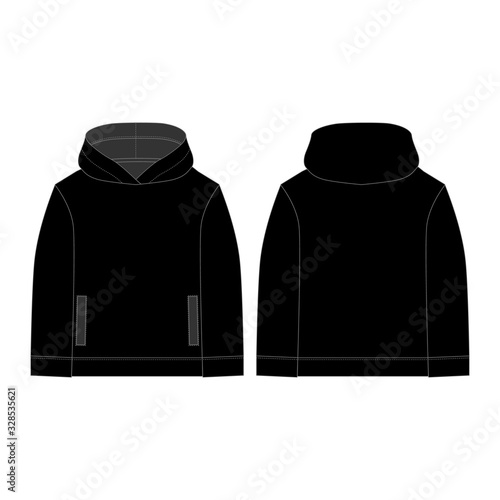 Black hoodie for children's on white background. Technical sketch hoody. Technical design. Technical drawing kids clothes. Vector fashion illustration.