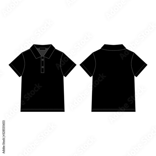 Black polo t-shirt for children's isolated on white background. Front and back technical sketch polo t shirt. Technical drawing kids clothes. Sportswear, uniform clothes. Vector fashion illustration.