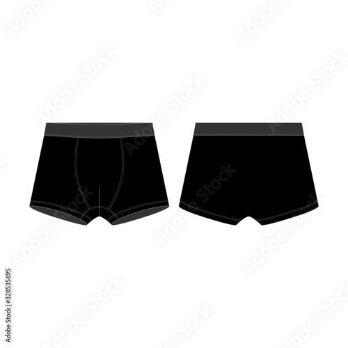 Black boxers knickers underwear for boys isolated on white background. Boxer shorts technical sketch. Man underwear. Fashion vector illustration