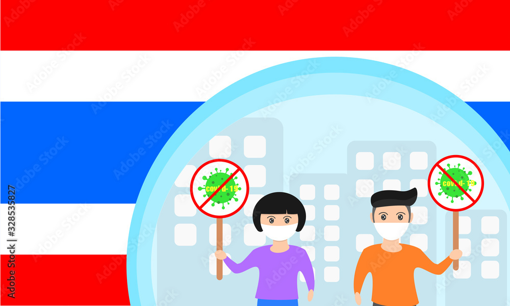 Man and woman holding stop corona virus, covid-19 sign on thailand flag.