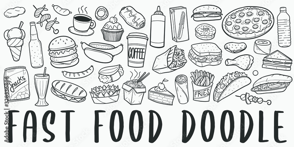 Fast Food Doodle Line Art Illustration. Hand Drawn Vector Clip Art. Banner Set Logos.