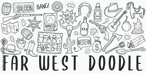 Far West Cowboy Doodle Line Art Illustration. Hand Drawn Vector Clip Art. Banner Set Logos.