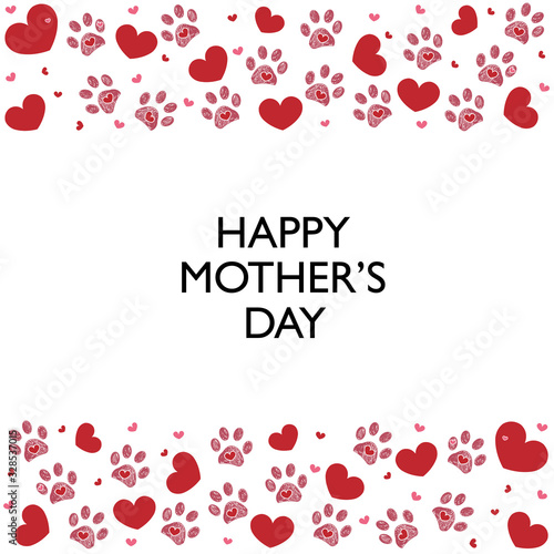 Red hearts and paw prints. Happy Mother's day text. Greeting card