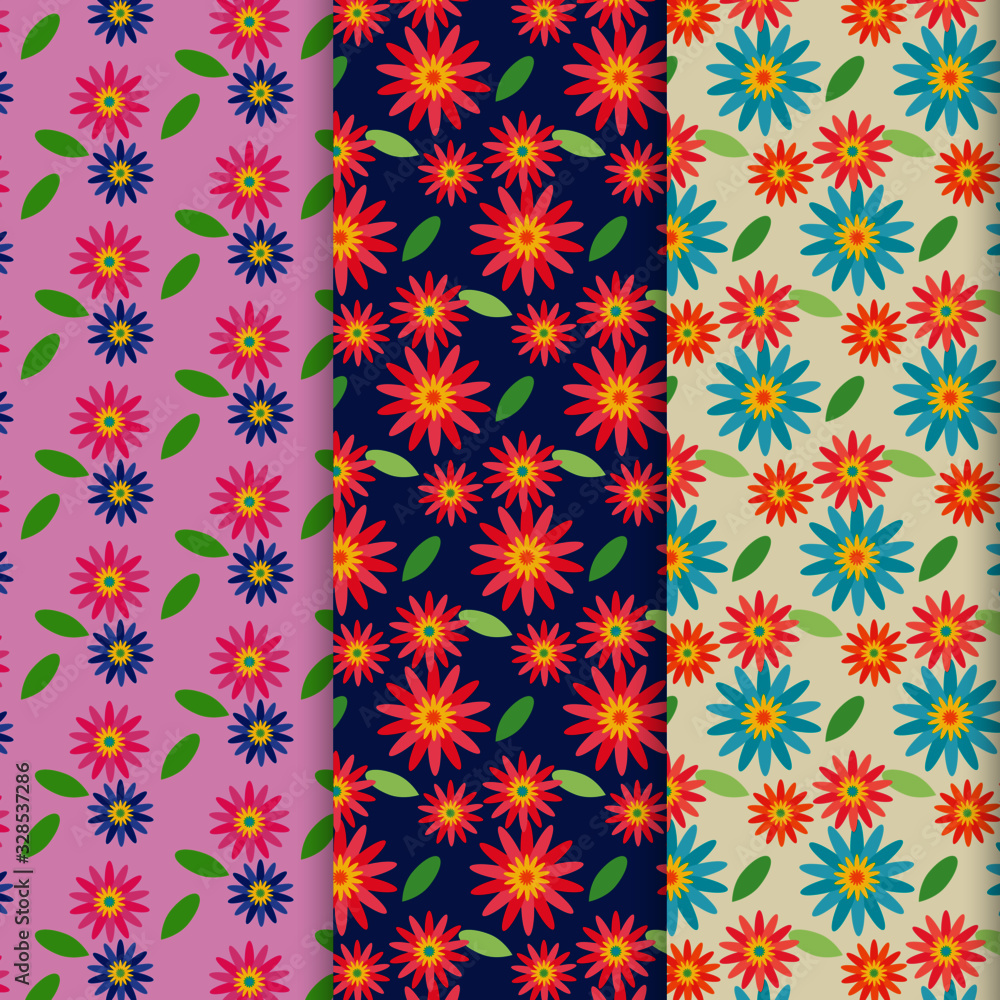 Tres patrones de flores rosadas, flores verdes, flores azules Tres patrones de flores rosadas, flores verdes, flores azules