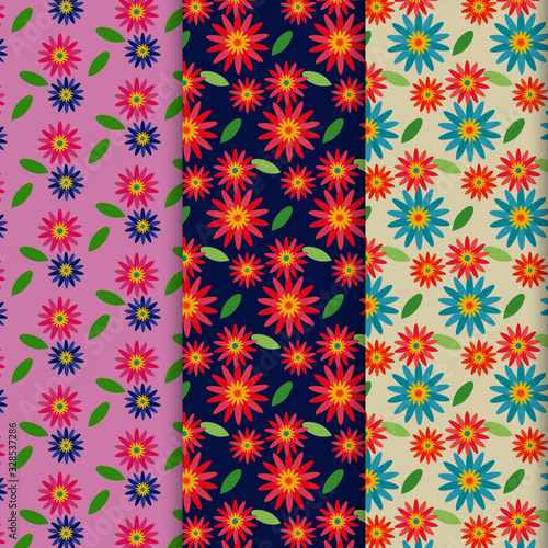 Tres patrones de flores rosadas, flores verdes, flores azules