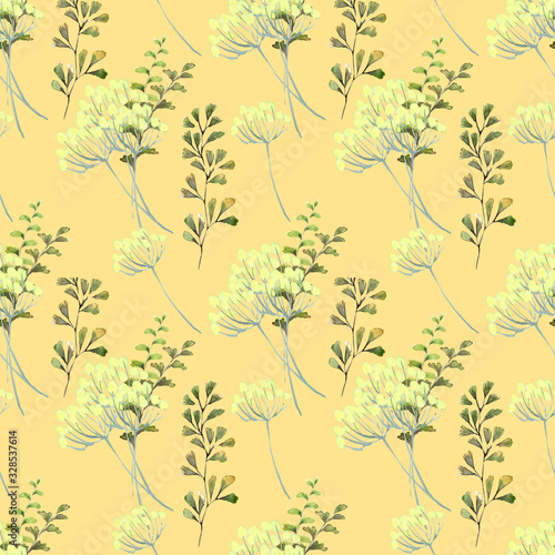 Watercolor seamless pattern with spring Mimosa twigs and different decorative leaves