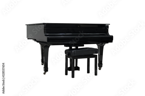 black piano with chair isolated on white background