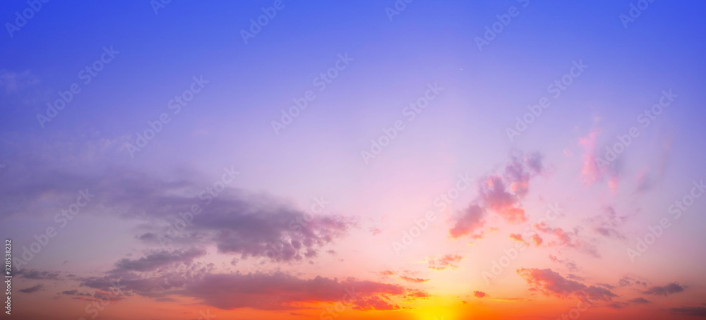 Panorama Sunrise Sky Background. Natural Bright Dramatic Sky. Sky orange and blue colors