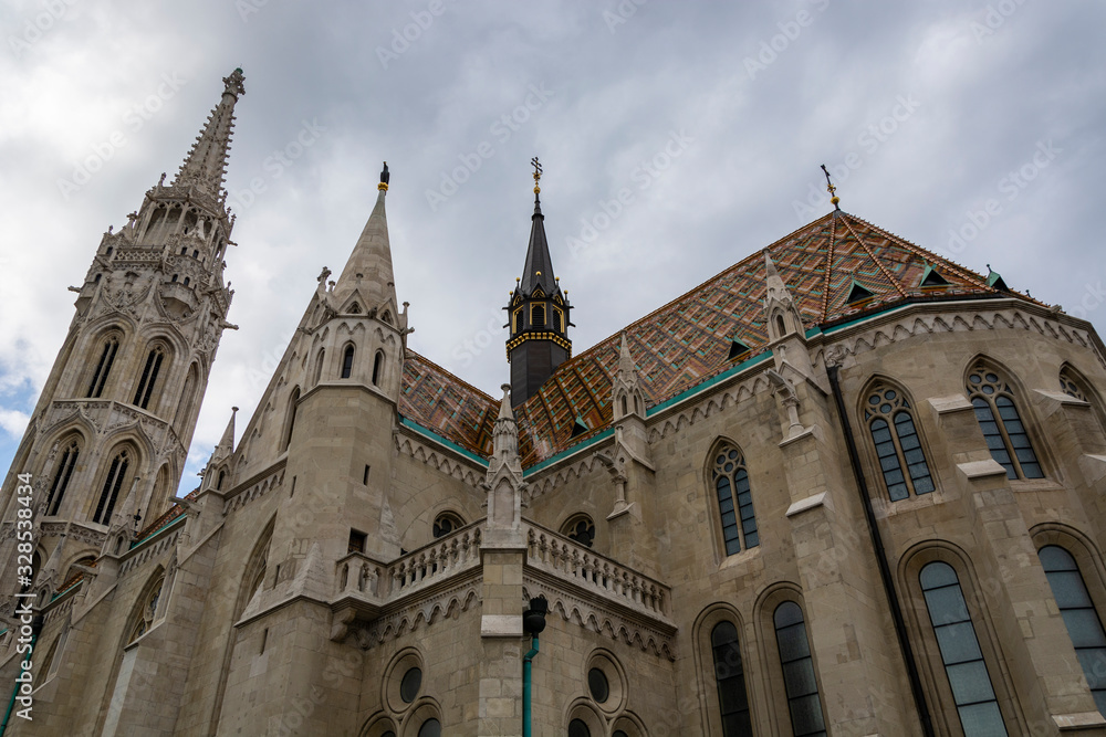 St. Matthias Church in Budapest, Hungary. Cloudy sky.