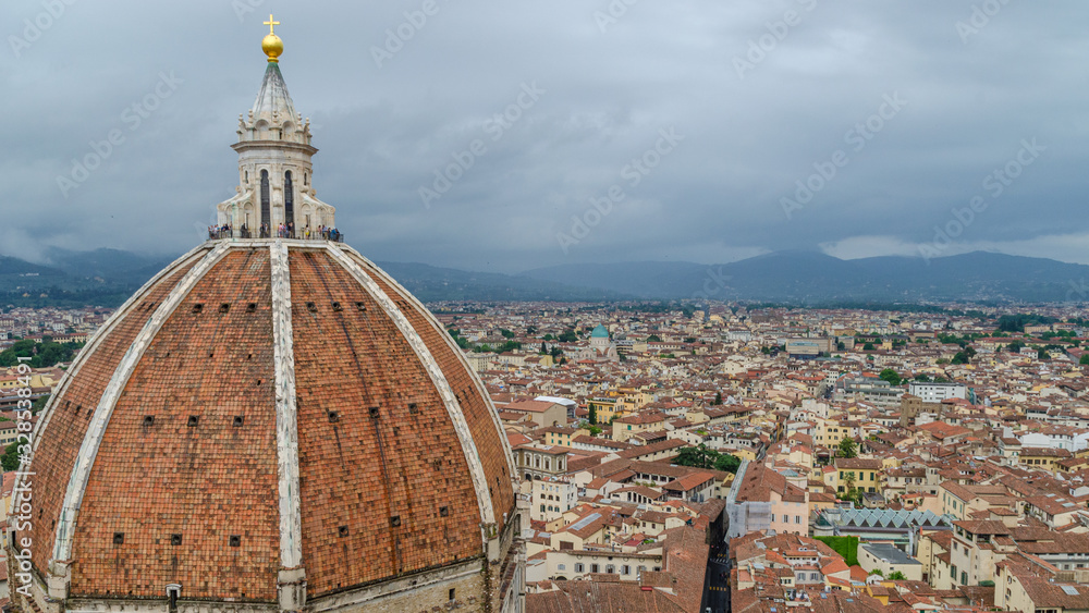 Amazing view of Duomo Cathedral of Santa Maria del Fiore from Campanile di Giotto bell tower in Florence Italy