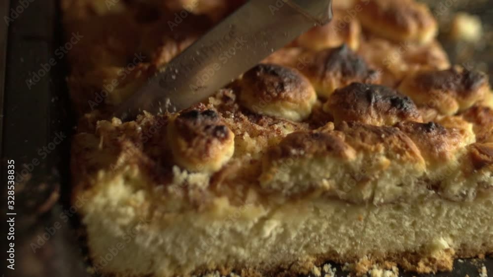 man cuts apple pie close up man cuts apple pie close up