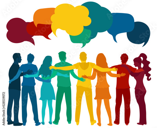 Dialogue and friendship silhouette group of multiethnic people of diverse culture.Communication speak discussion.Crowd talking.Social network.Community.Speech bubble rainbow colors