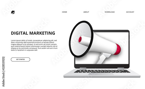 digital marketing concept with illustration of megaphone and 3D laptop device for promotion and internet advertising