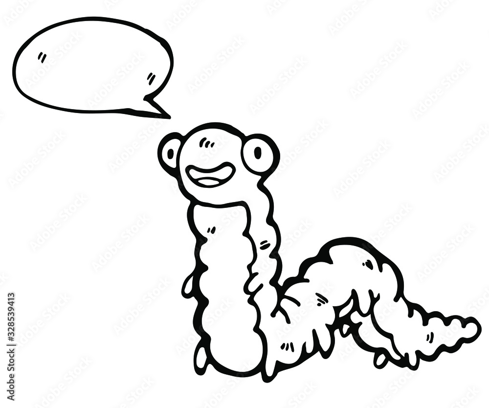 Cute cartoon caterpillar with speech bubble. Hand drawing vector illustration in black outline on a white background. Funny character. Minimalistic design. Cute cartoon caterpillar with speech bubble. Hand drawing vector illustration in black outline on a white background. Funny character. Minimalistic design.