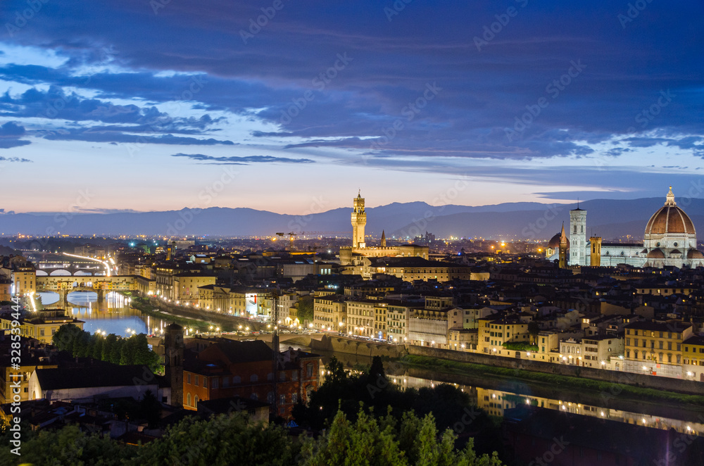 Amazing view of Florence during sunset with Palazzo Vecchio tower in the background in Florence Italy