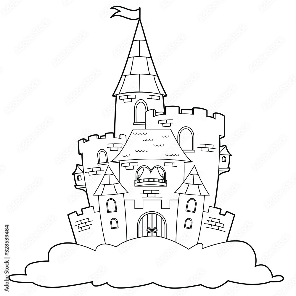 Fairy tale castle in the starry sky. Vector illustration in black outline on a white background for baby clothes, kid print, posters, coloring page