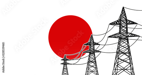 Japan power supply lines vector concept 3 electric high voltage poles on the flag background in colors  red, white