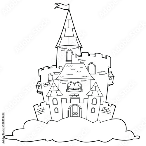Fairy tale castle in the starry sky. Vector illustration in black outline on a white background for baby clothes, kid print, posters, coloring page