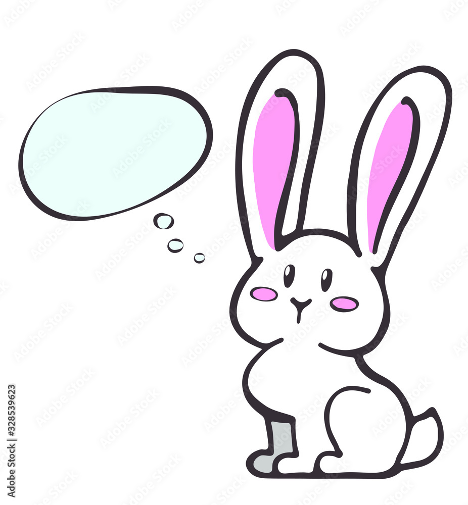 Obraz premium Hand drawing vector illustration. Funny character. Cute cartoon rabbit, bunny with thought bubble. Minimalistic design.
