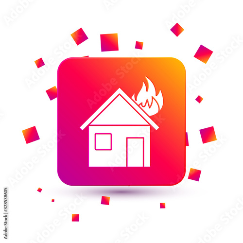 White Fire in burning house icon isolated on white background. Square color button. Vector Illustration