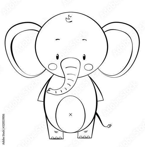 Hand drawing vector illustration in black outline on a white background.  Cute cartoon elephant for designing baby clothes, kid print, posters, coloring page