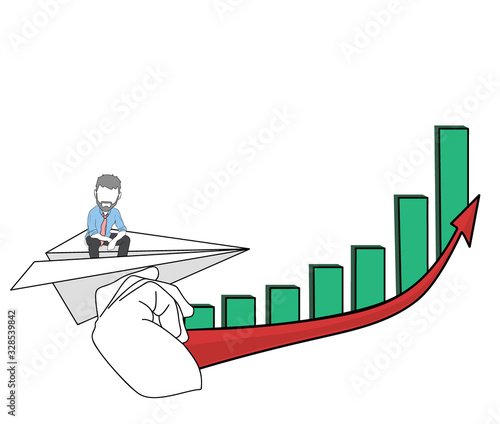 businessman is sitting on a paper airplane. rises up the schedule. vector illustration.