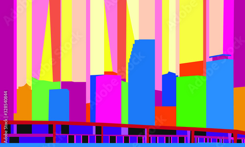 Skyline of Miami, in bright colored abstract geometric figures.