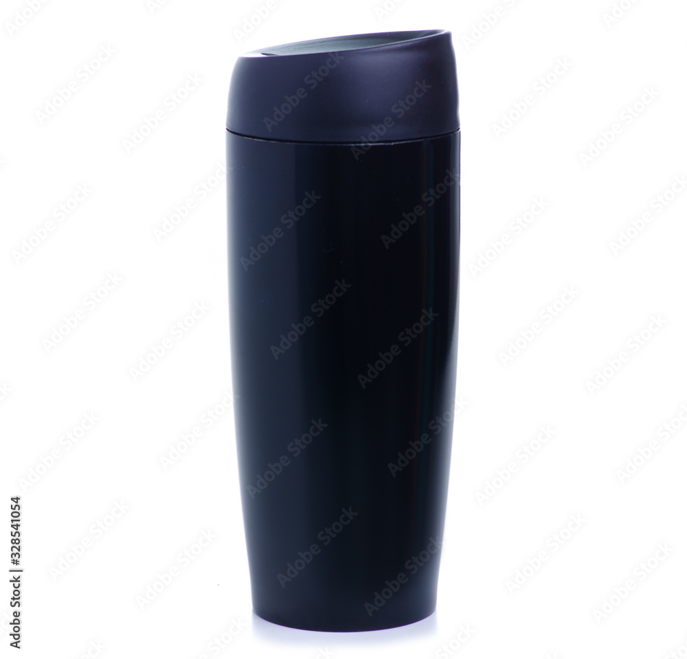 Black thermos cup, hot drink on white background isolation Black thermos cup, hot drink on white background isolation