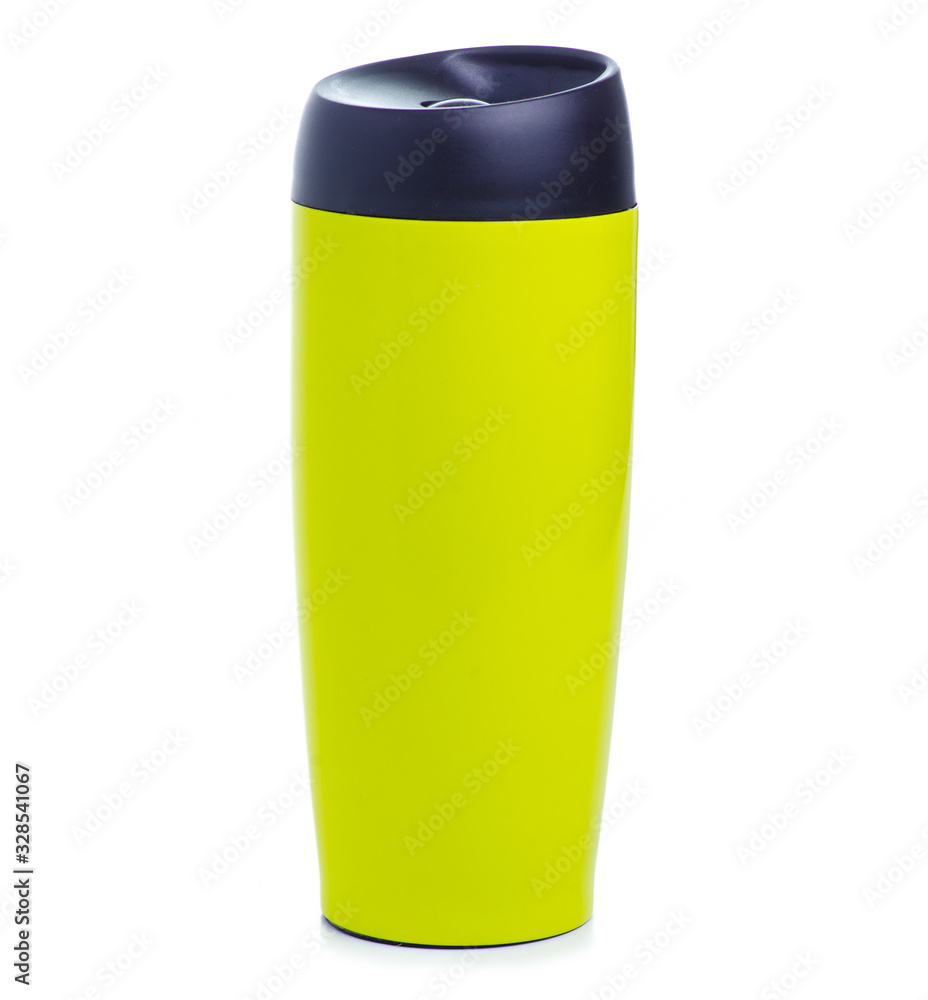 Green thermos cup, hot drink on white background isolation Green thermos cup, hot drink on white background isolation