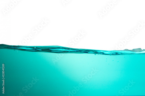 beautiful blue sea waves stopped steaming with separate bubbles on a white background. Popular corners, natural concepts