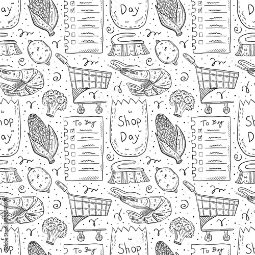 Shopping hand drawn doodle vector seamless pattern, texture, background, backdrop. Isolated on white background. Check list, corn, eco pack, paper bag, trolley, broccoli, lemon, brush, shrimp. 
