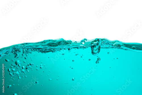 blue sea waves stopped steaming with separate bubbles on a white background. Popular corners, natural concepts